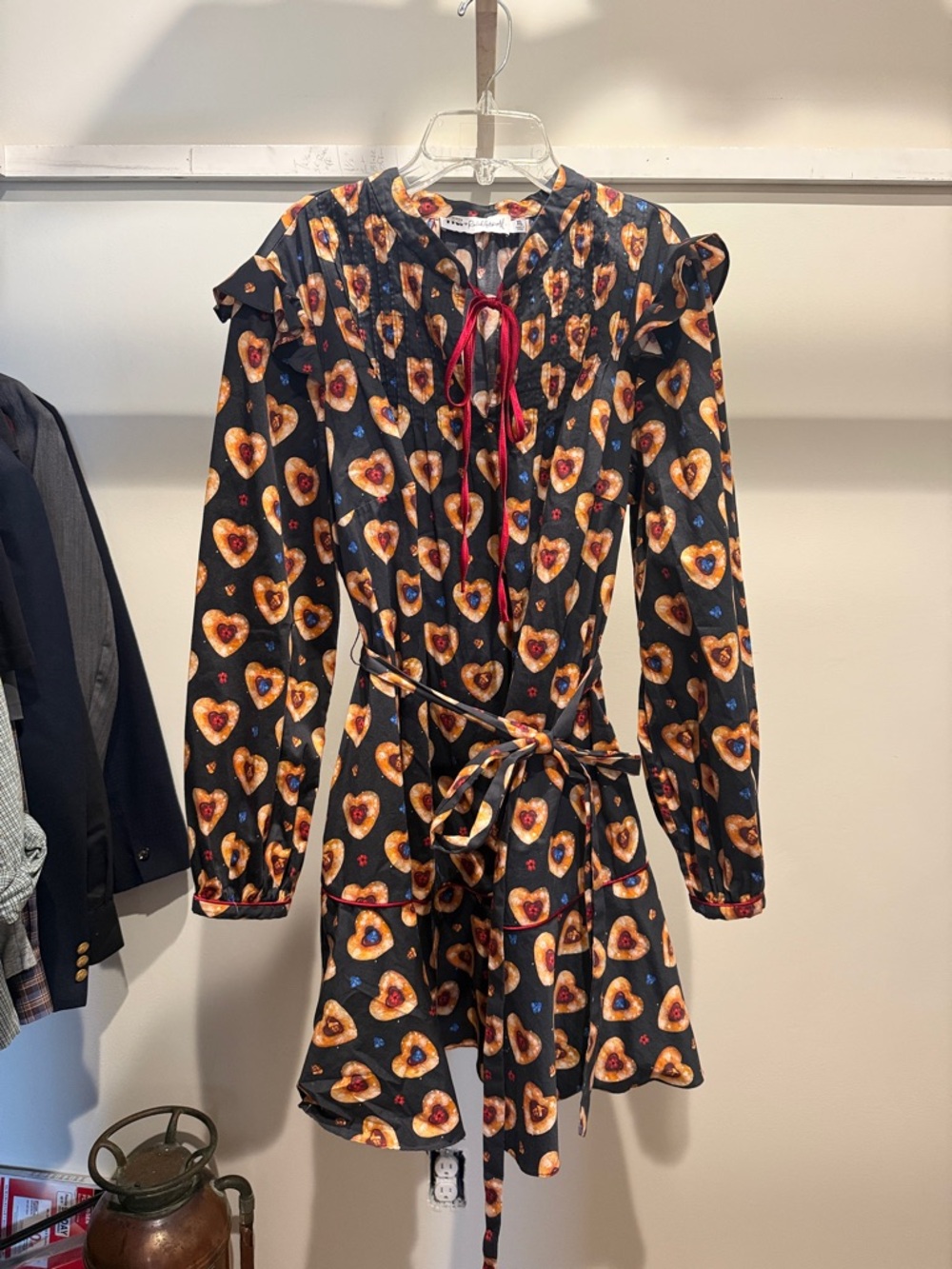 Rachel Antonoff Black Mini Dress with Tan and Red Heart Print
